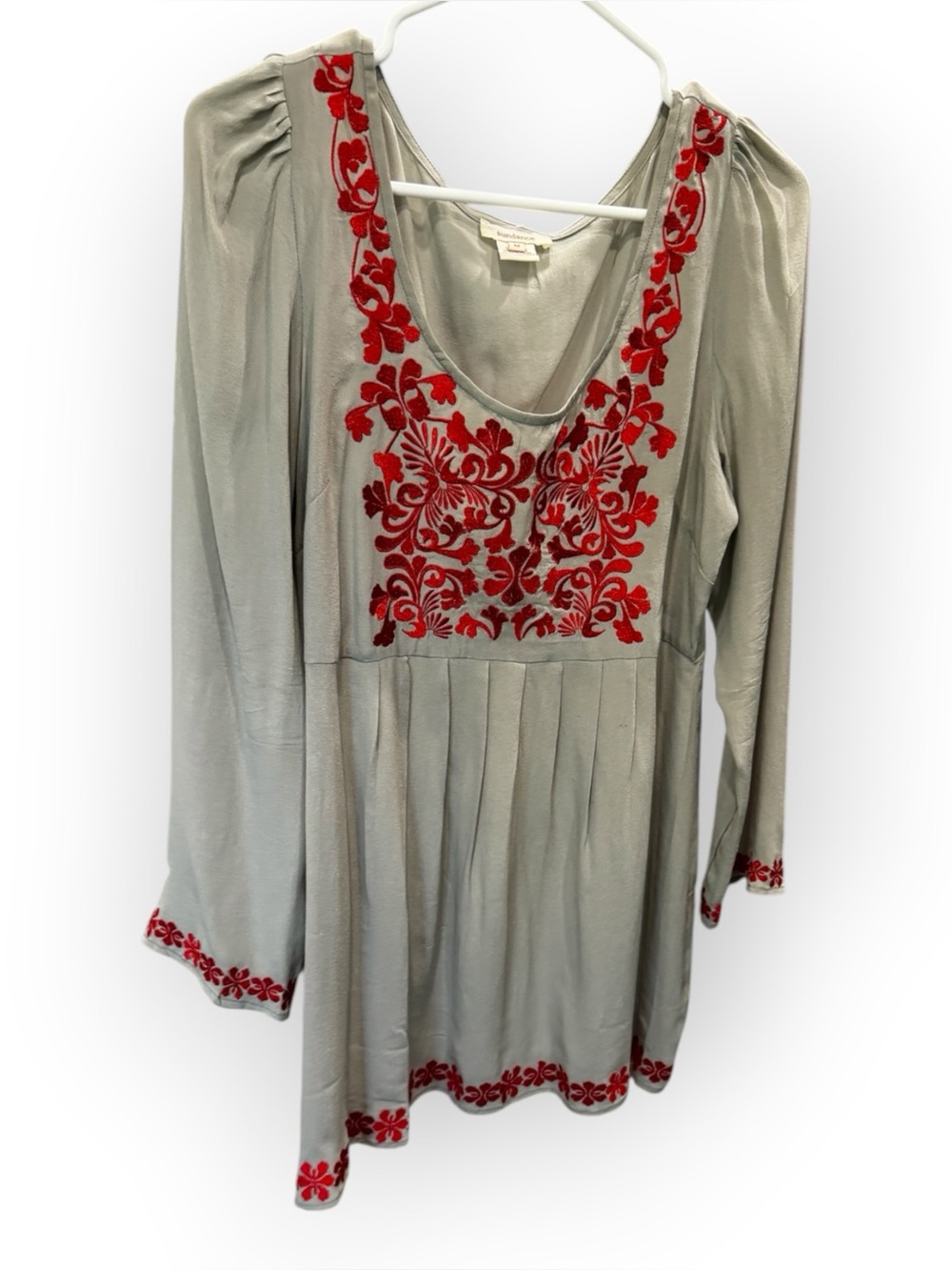 Sundance 100% Silk Embroidered Tunic Top Dress Size M Gray Red Boho